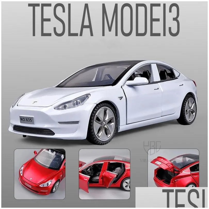 Diecast Model Cars 1/32 Tesla 3 Alloy Car Diecasts Electric Energy Boy Vehicle Metal Toy With Sound Light for Kid Children Gifts 220 DHZ76