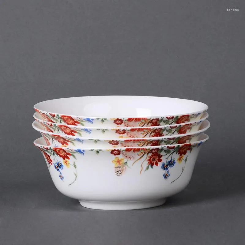 ボウル4PCS 6inch Gilded Banding Rose Flower Painting Bone China Sup Bowlセット装飾セラミックサラダ