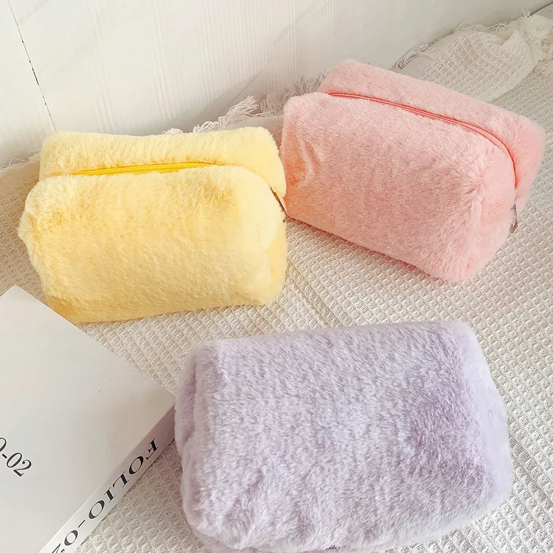 Cute Furry Pink Fluffy Pencil Case Multi Functional Travel Pouch