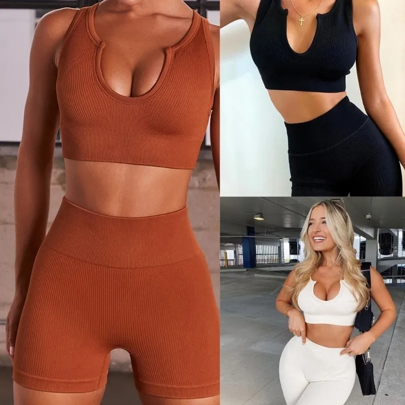 Kvinnors jumpsuits Rompers Ribbed Knit träning Lågklippta obekräftade sportbh -skördar med hög midja midja magkontrol yoga shorts Activewear H7EF 230322