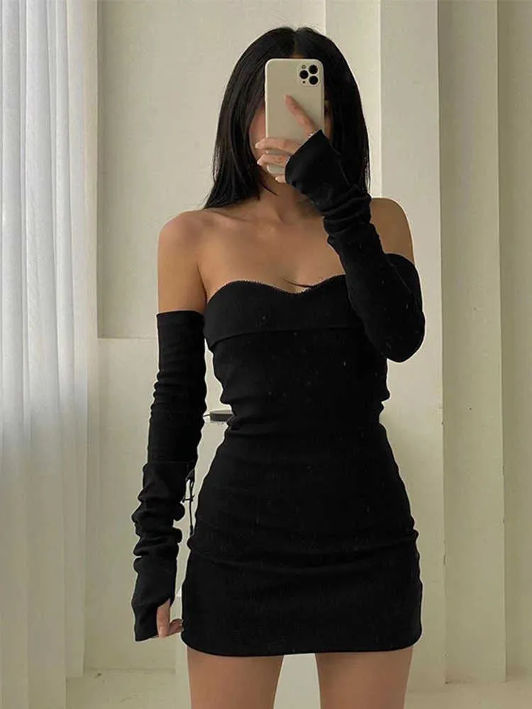 Casual Dresses Vintage Gothic Sexy Tube Top Women Dresses Off Shoulder Gloves Streetwear Party Dress Outfits Elegant Women Clothing Mini Dress P230322