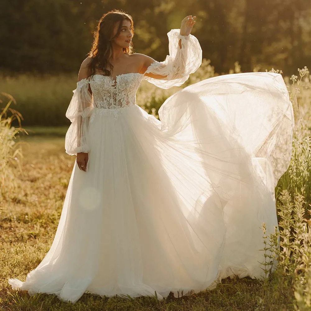 Grande taille une ligne robes de mariée hors de l'épaule jardin robe de mariée avec manches longues dentelle appliques robe pour la mariée 2023