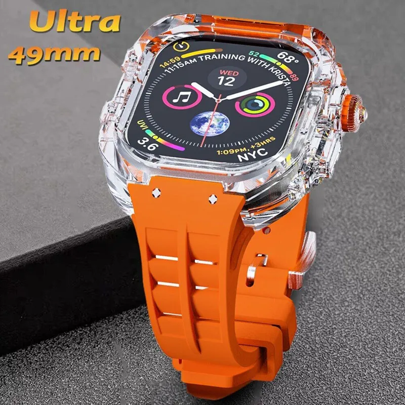 Para Apple Watch Ultra 49 mm Policarbonato Transparente Premium AP Mod Kit Silicone Capa Protetora Capa Alça