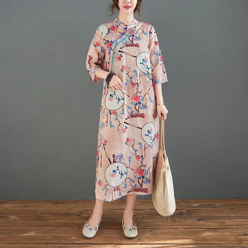 Casual Dresses Spring Summer Dress Embroidery Linen Cotton Print Floral Chinese Style Cheongsam Vintage Dress Women Casual Dress 230323