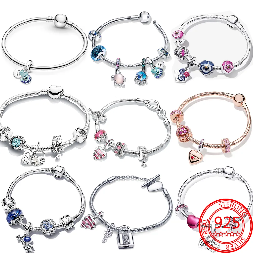 Voroco 925 Sterling Silver Charm Bracelet, Snake Chain, Fashion Jewelry, Delicate With Zircons