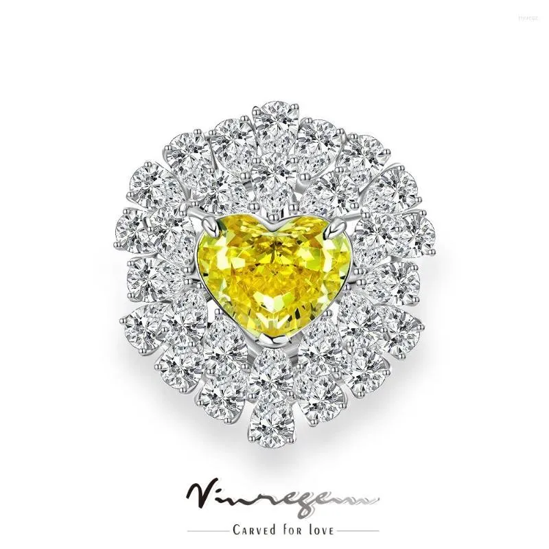 Pierścienie klastra Vinregem 925 Sterling Srebrne Serce 10ct Yellow Sapphire Syntetyczny Pierścień Party Morsanite For Women Dift Drezień