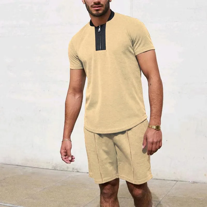 Tute da uomo 2023 Summer Mens Activewear Tinta unita Manica corta Colletto alla coreana Polo con zip Pantaloncini Set per uomo Casual Streetwear 2