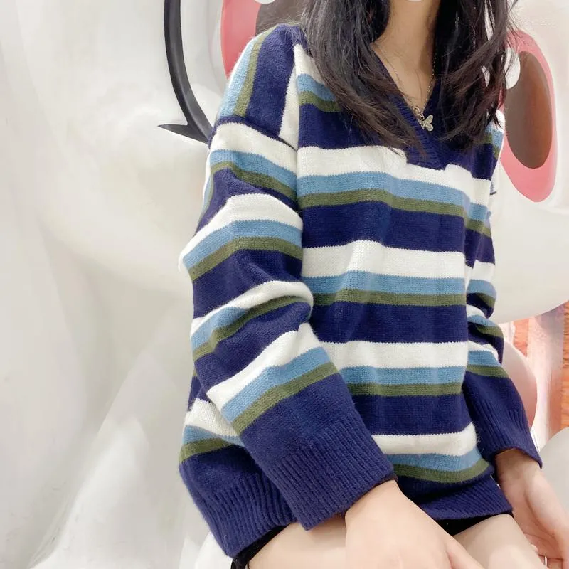 Women's Sweaters V-neck Blue Striped Sweater Women Casual Loose Style Pullovers Navy Stripe Printed Pattern Long Sleeve Knitwear S/ M