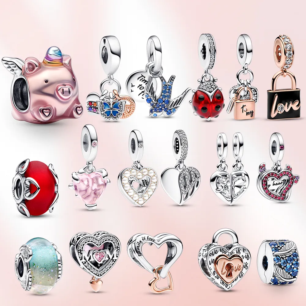 Charm 925 Sterling Silver Heart Unicorn Bead Clover Pendant Spring Fit Pandora Bracciale originale Charm Donna Gioielli Regalo d'amore