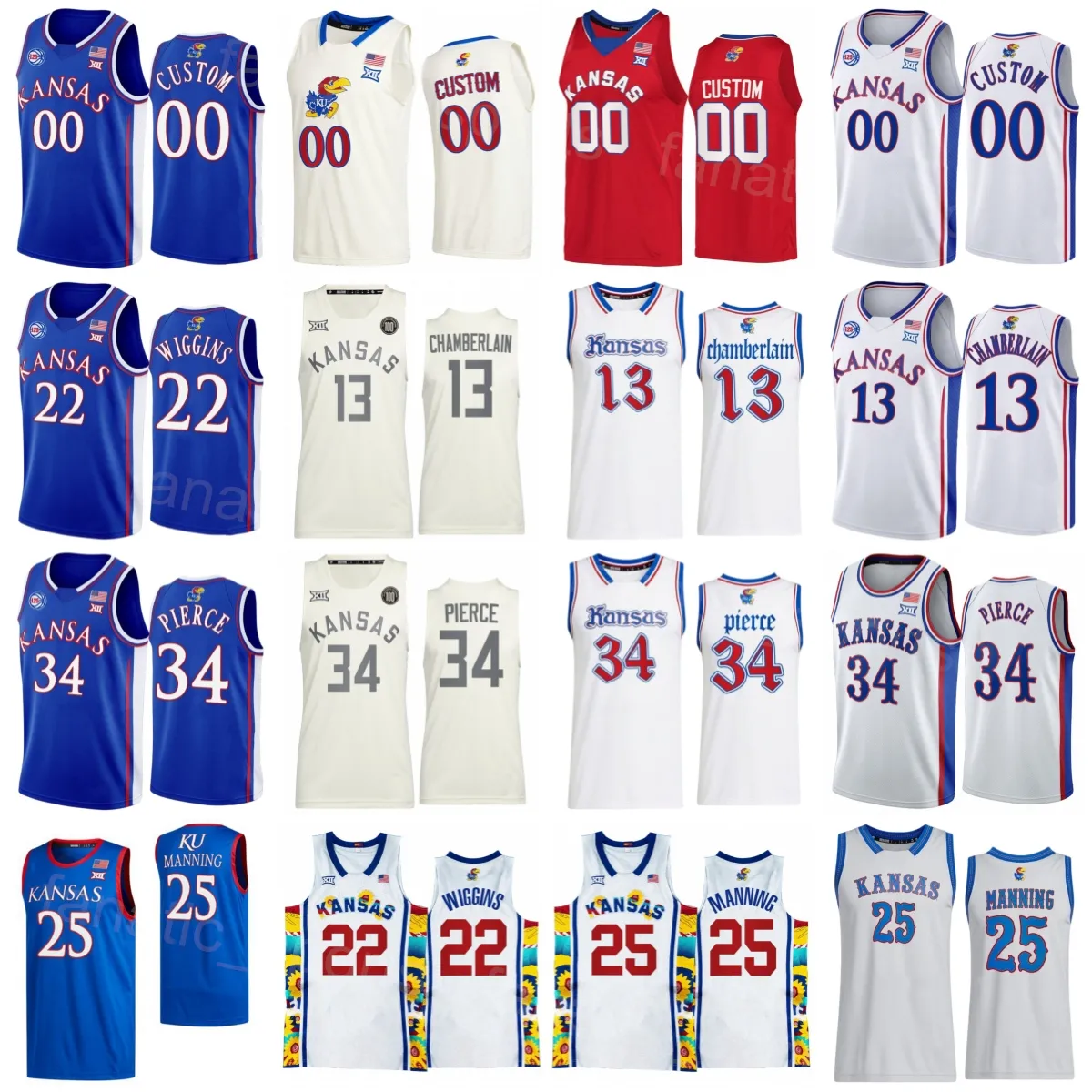 Kansas Jayhawks College Jersey Basketball 4 Sherron Collins 25 Danny Manning Wilt Chamberlain 13 Paul Pierce 34 Andrew Wiggins 22 Joel Embiid 21 University Sewed On