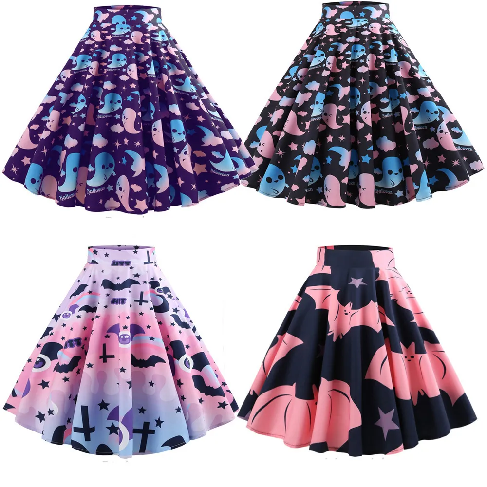 Faldas Falda de Halloween Fantasma Kawaii Estampado de murciélago Cintura alta Hepburn Cremallera vintage Algodón Una línea 60s 50 s Vestidos de Navidad 230322