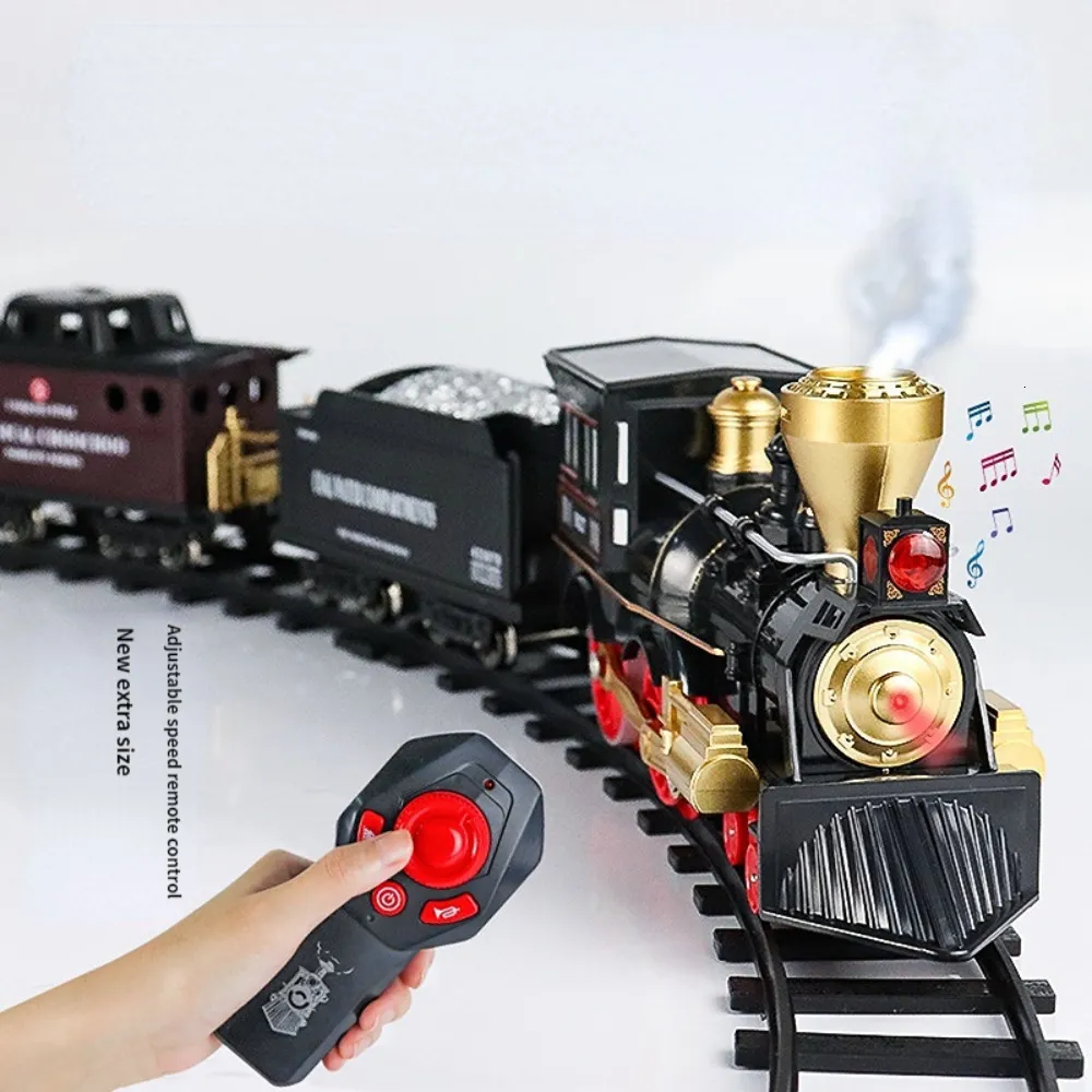 Electric RC Track Simulation Train Fjärrkontroll Retro Steam Electric Stepless Speed ​​Smoking Children S Toys 230323