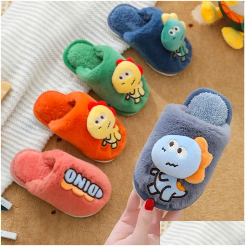 Slipper fuzzy slippers cartoon dinosaurus warme dikke harige winter jongens meisjes kinderen thuis indoor schoenen niet slip kinderen 221110 drop deli dhofx