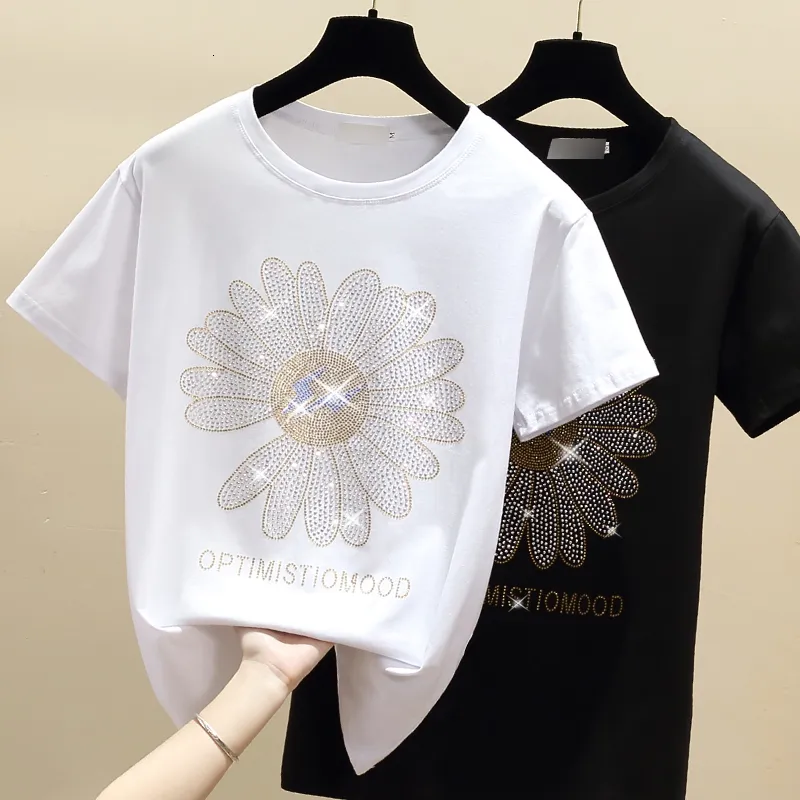 Women's T-Shirt gkfnmt T shirt Women Clothes Diamond Flowers Cotton Short Sleeve Casual White Female T-Shirt Summer Tops Black Tee Shirt Femme 230324