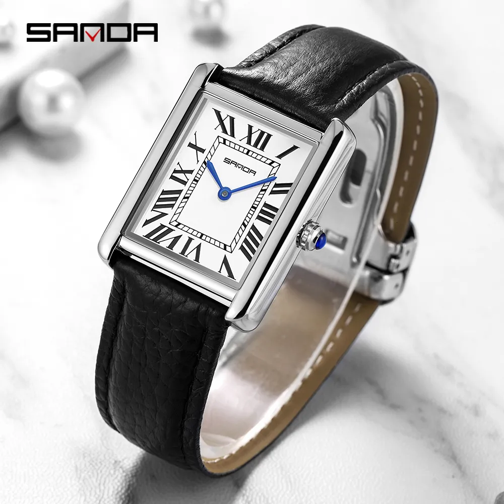 WORDEN WAARDEN Sanda rechthoekige polshorloges voor vrouwen Silver Case Ladies Watches Luxury Brand Lederen Band Quartz Clock Zegarek Damski 1108 230324