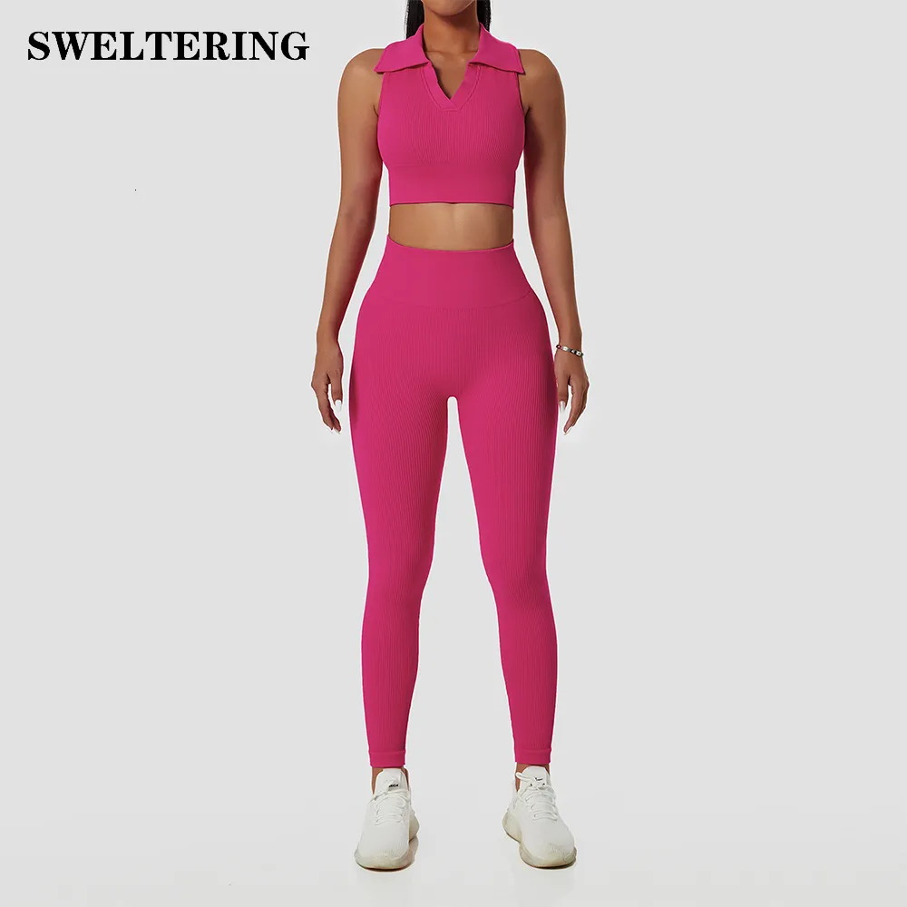 Набор йоги набор 2PCS High Leggings Sports Vest Late Lapel Бесплатная одежда для тренажерного спорт