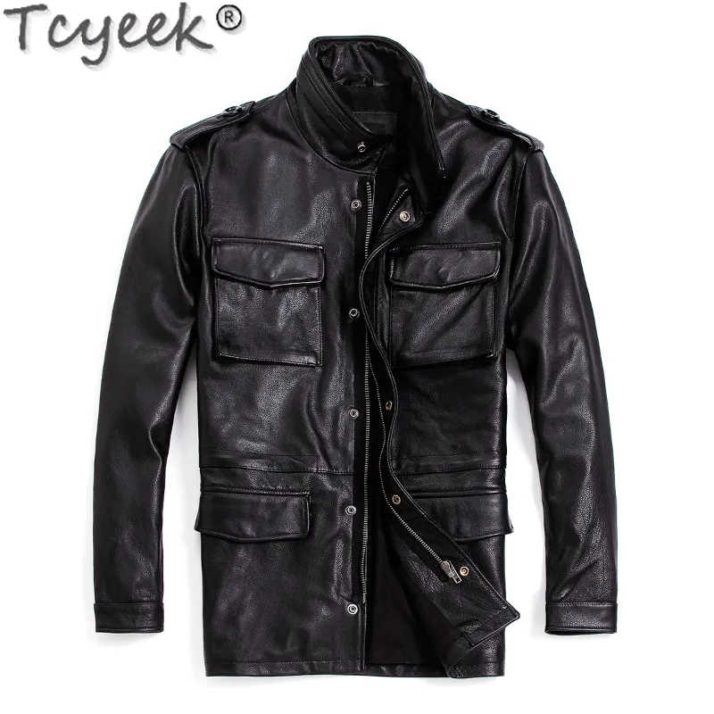 Herren Leder Faux Tcyeek Rindsleder Echte Jacke Männer Kleidung Motorrad Safaried M65 Trenchcoat Mittellange Jaqueta Masculina 230324