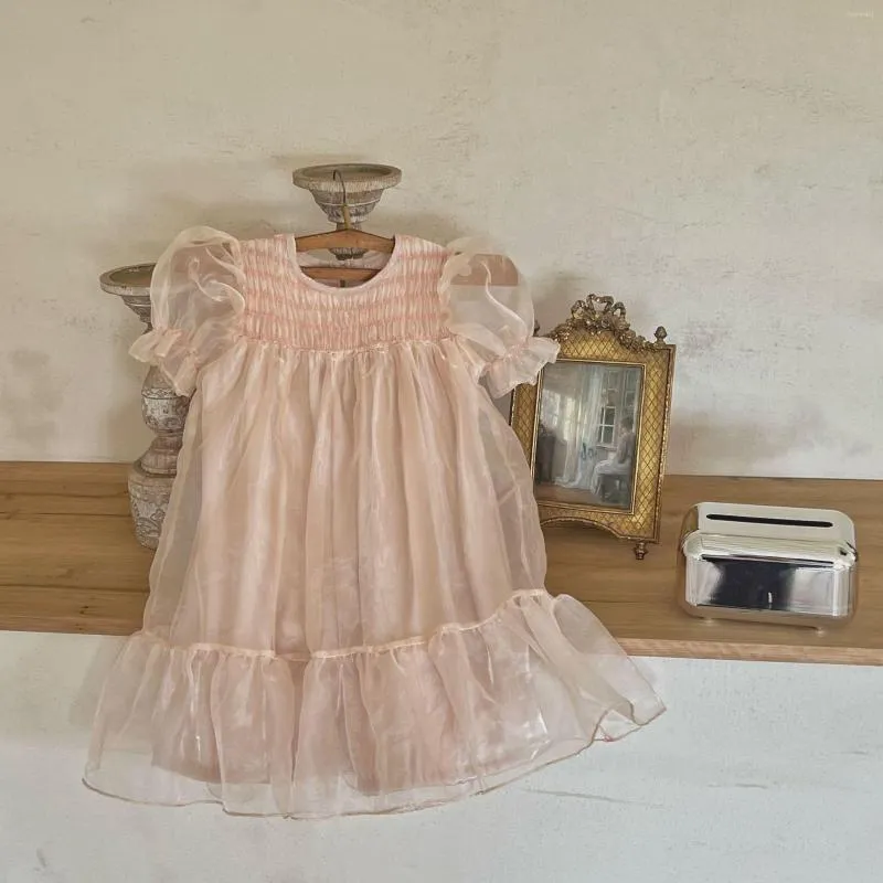 Vestidos de niña Verano Niñas Elegante Lolita Ropa de cumpleaños para niños Volantes Vestido de fiesta Rosa polvoriento Seda elegante