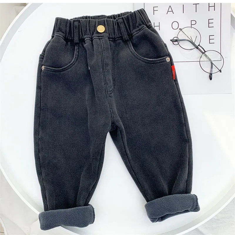 Jeans Kinderkleding Winter jeans klassieke broek veelzijdige denim jeans fleece voering casual broek bodems thermische jongens jeans 130 230324