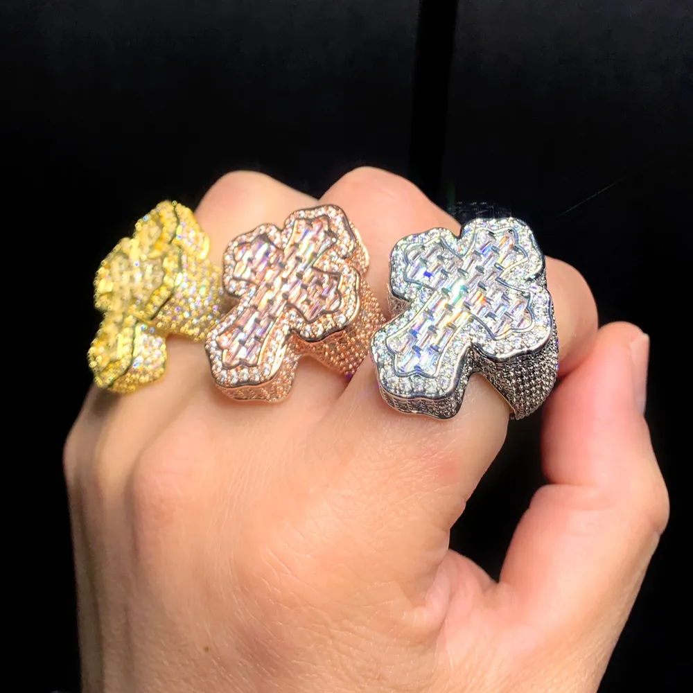 Ny anländer Cross Finger Ring Iced Out Cubic Zircon Prong Inställning Cz Mode Lyx Män Pojke Hip Hop Smycken