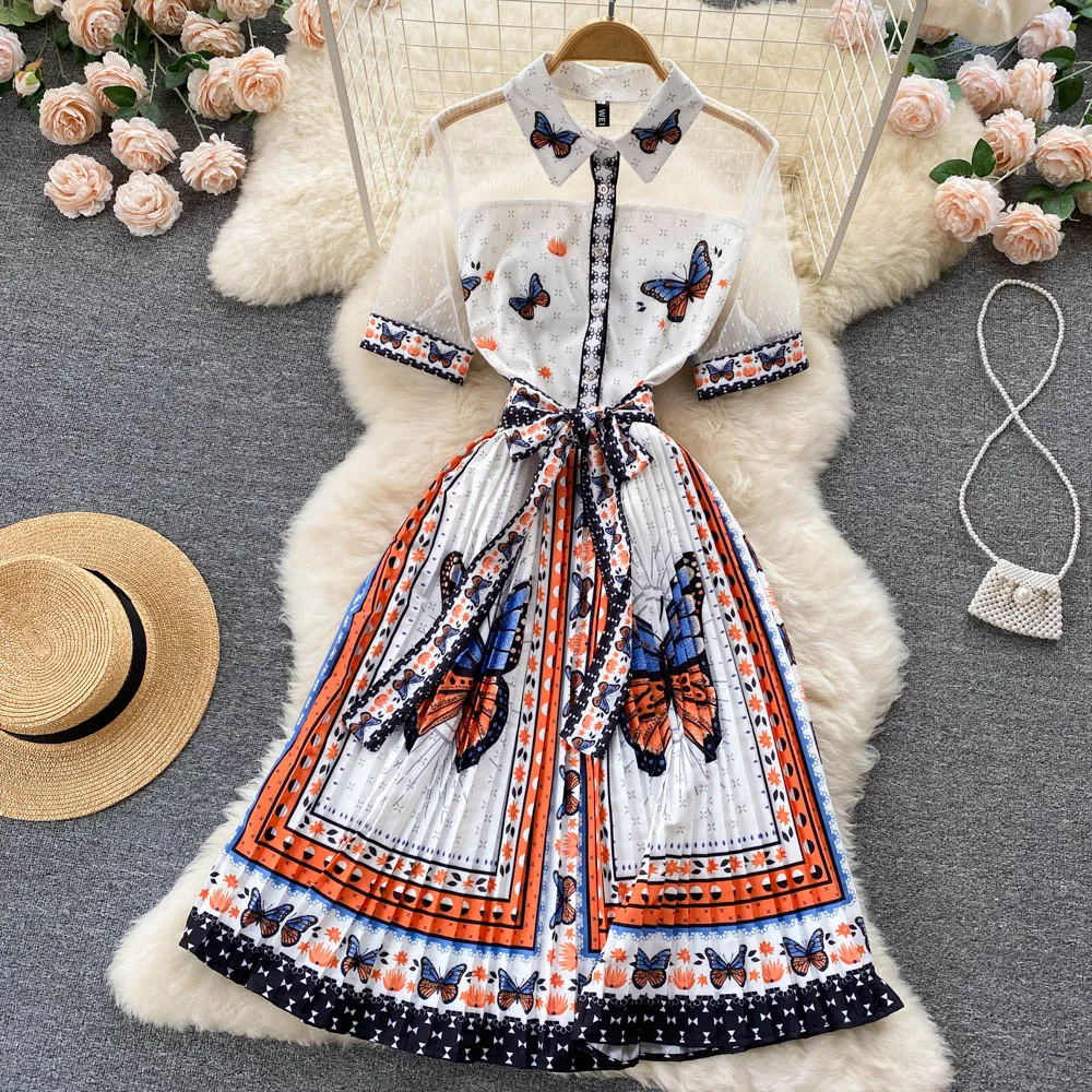 Novedad de verano, vestido occidental acampanado con cuello de muñeca, vestido camisero con solapa envuelta en la cintura con estampado de mariposas