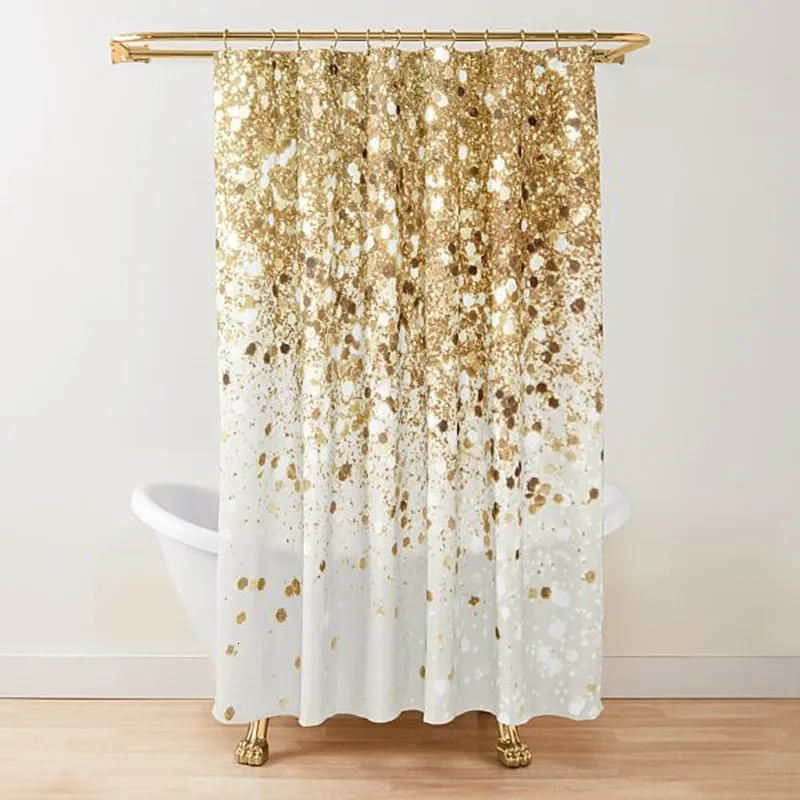 シャワーカーテンゴールドグリッターグラムゴールデン光沢のある光沢のあるアートバスポリエステル洗えるバスルームセットフック230324