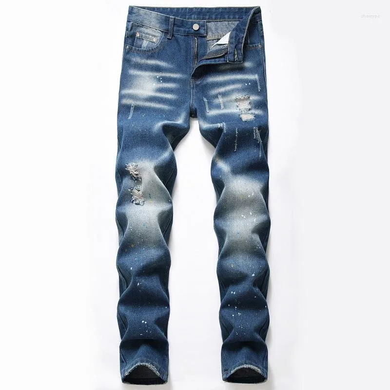 Män jeans män smal fit vår hösten retro blå mode stänk bläck desinger herr casual denim byxor för manlig vaqueros hombre