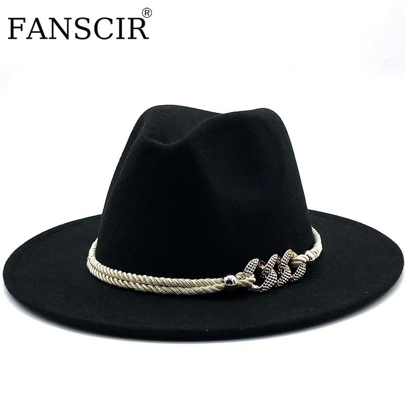 Chapéu de lã de lã de aba para mulheres chapéus com chapéus pretos com hats de corrente simples largura larga outono fêmea feminina moda jazz top cap atacado 2303324