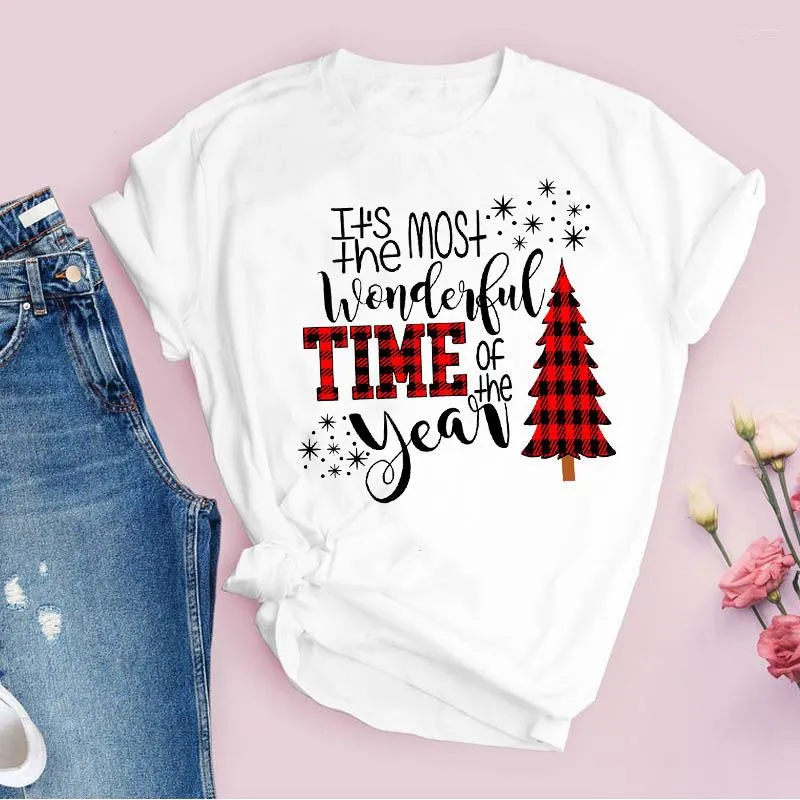 Camisetas para mujer, camisetas para mujer, estampado de árbol a cuadros, vacaciones de 2023 años, ropa de Feliz Navidad, Tops para mujer, ropa, camisa femenina, camiseta gráfica