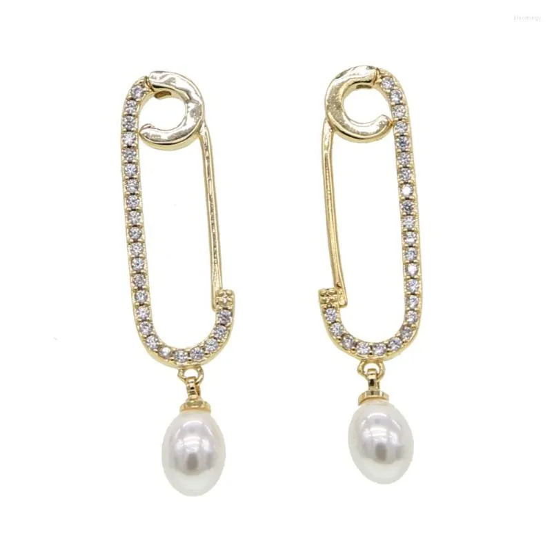 Stud Earrings Simple Classic Women Jewelry Clear Cz Paved Safety Pin Paperclip Earring With Fresh Sea Pearl Charm For Girl Gift