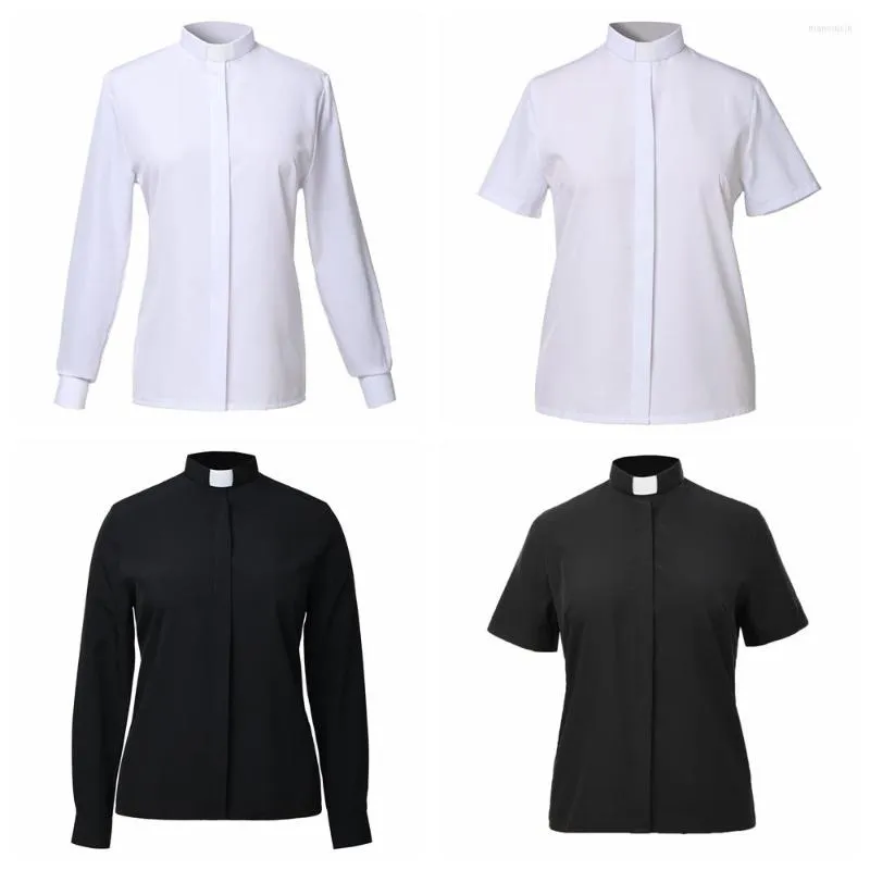 Blusas Femininas Camisa Clérigo Feminino Blusa Gola Sacerdote Tops Igreja Pastor Branco Preto Tab Uniforme XS-5XL