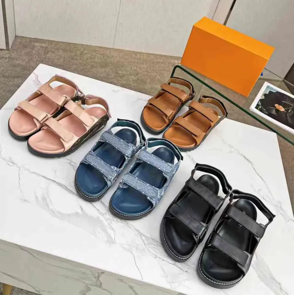 Designer Damen Sandalen PASEO COMFORT Flache Schuhe Schnalle Leder Sandale Luxus Schuhe Plateauschuhe Loafer Denim Blue Slides mit Box