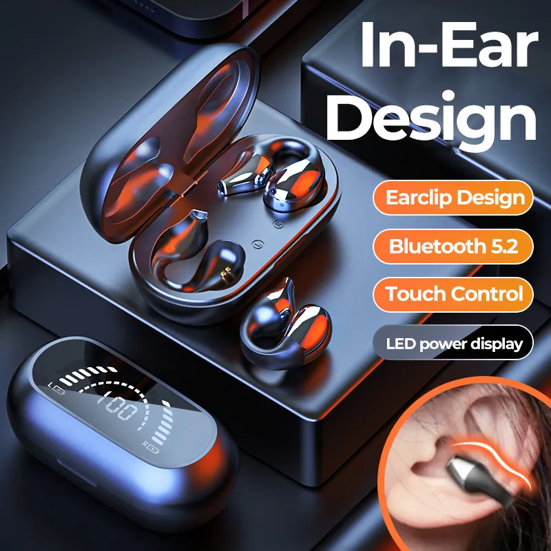 Cell Phone Earphones TWS Wireless Headphones Bluetooth 52 Bone Conduction Earclip Design Touch Control LED Earbuds Sports Headset 230324