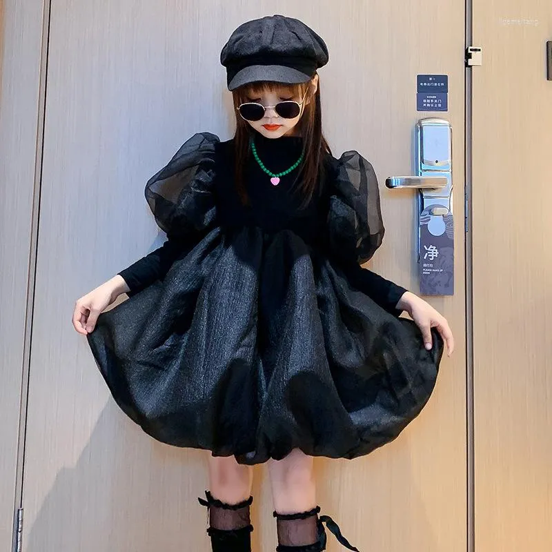 Robes de fille Vintage Girls Big Puff Sobre Black Robe pour les adolescents Long Spring Cool Children Party Party Boutique Street Street