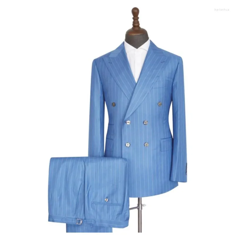 Costumes pour hommes Blazer Ensembles Bleu Stripe Mariage Hommes Costume 2 Pièces Double Boutonnage Mâle Vestes Mode Peaked Revers Manteau Pantalon Dernière Conception