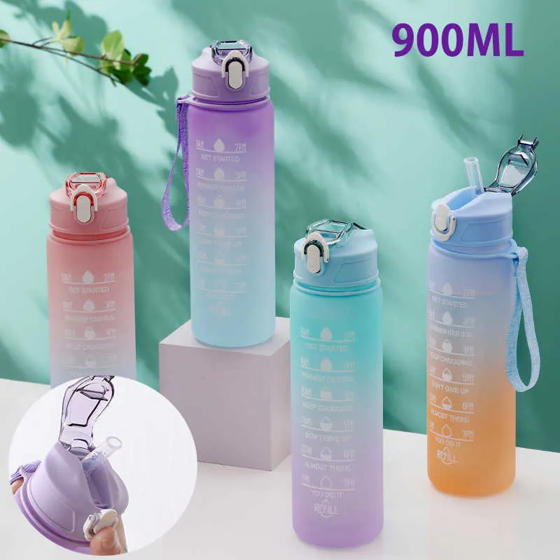 bottiglia d'acqua 900 ml bottiglia d'acqua bottiglia d'acqua sportiva con indicatore del tempo per donna tazza di plastica per esterni di grande capacità fitness portatile riutilizzabile P230324