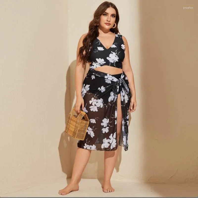 Moda de banho feminina plus size 3 peças conjunto de biquíni com encobrimento