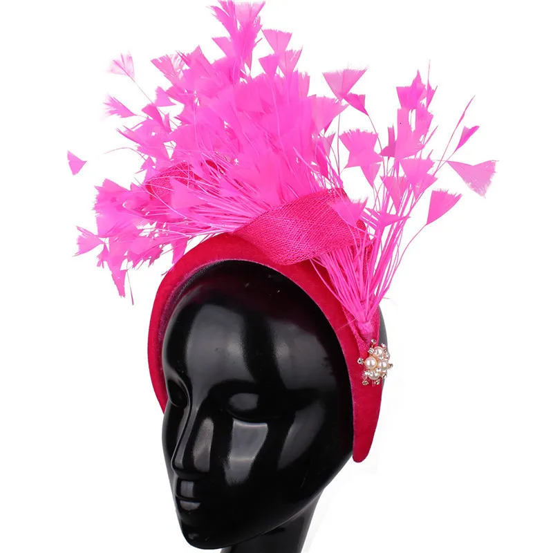 Geizige Krempe Hüte Rosa Fancy Braut Hochzeit Haarband Federn Haar Fascinators Zubehör Cocktail Rennen Damen Kopfschmuck Fahion Stirnband 230323