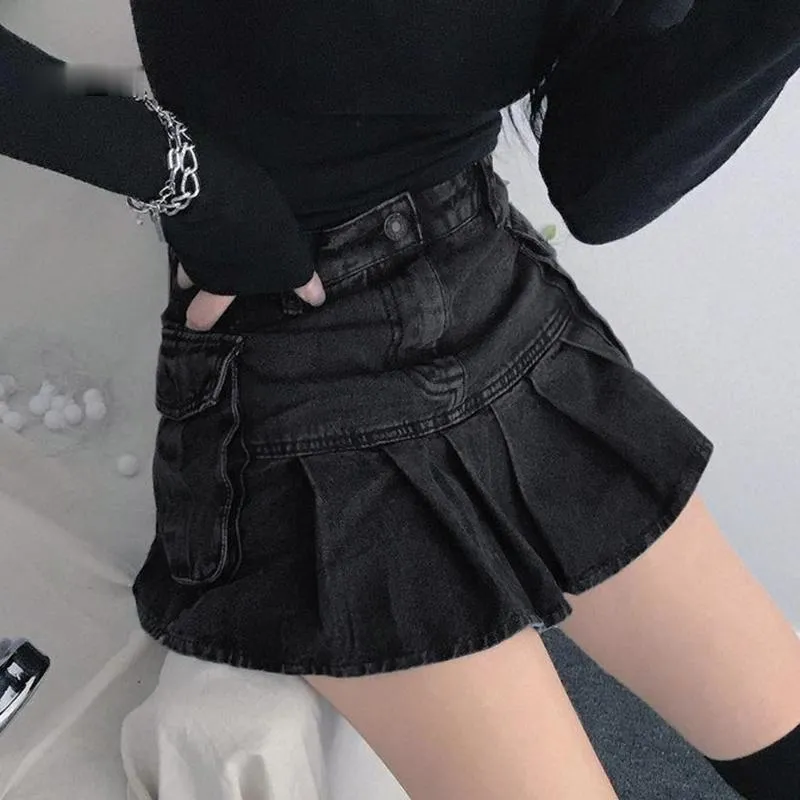 Jupes Femmes Dark Academia Fashion Goth Noir Taille Haute Jupe 90s Poches Coréennes Vintage Jeans Plissées