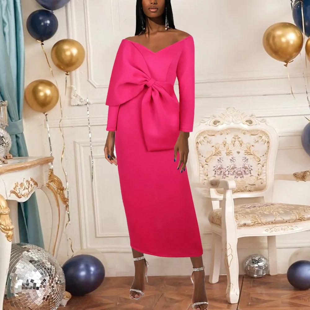Fuchsia Sheath Ankle Length Prom Dress 2023 With Off Shoulder V Neck And Bow Detail Perfect For Evening Formal Parties Birthdays And Soirees From Donnaweddingdress26 55.28 DHgate.Com