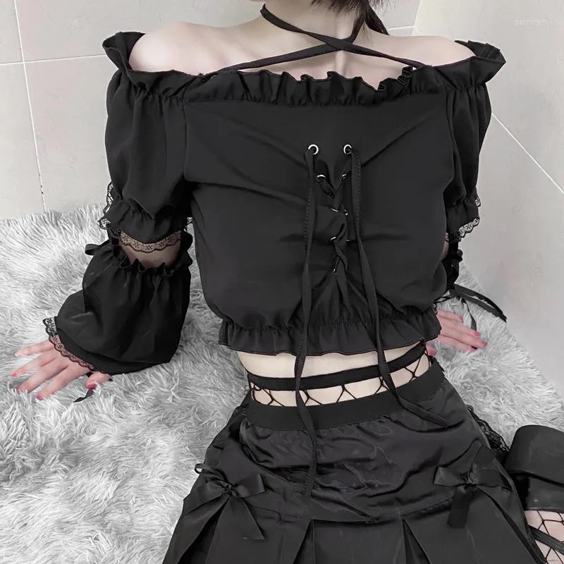 女性用TシャツRuibbit Goth Lace Bandage Black Top Vintage Sex