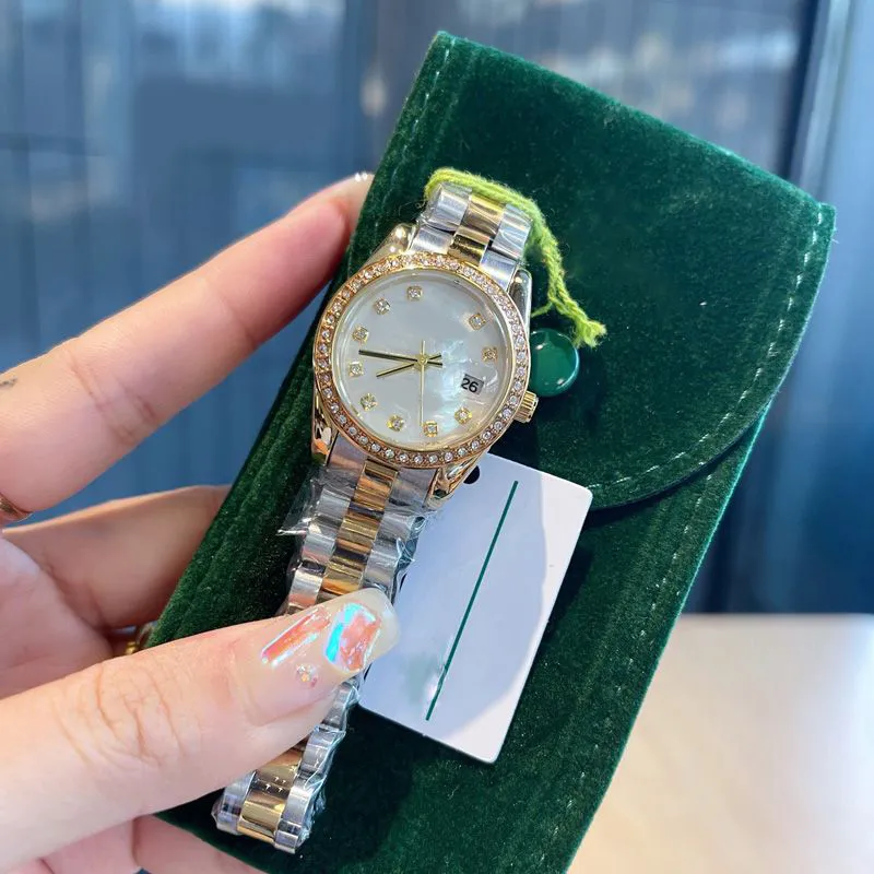 Relógio de designer de 31 mm delicado relógios datejust para mulher fivela de mesa dobrável casais valiosos montre relógio de diamante com pulseira de aço fino 316 rosa verde SB040 B23