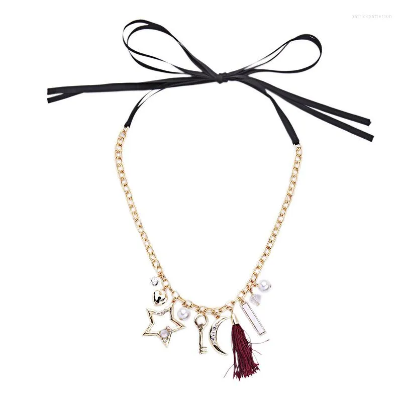 Pendant Necklaces Classic Ethnic Style Long Ribbon Chain Necklace Created Pearl Star Moon 2023 Fashion