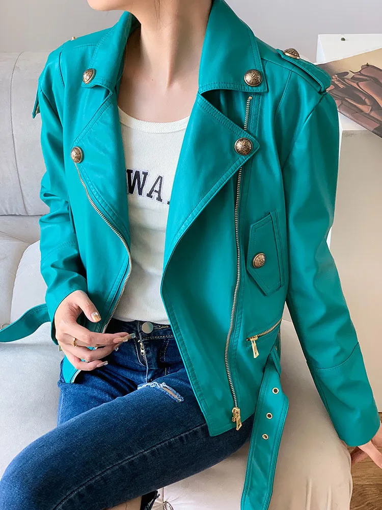 Women s Jackets Spring Autumn Short Loose Cool Stylish Green Black White Faux Leather Biker Jacket Women Zipper Belt Long Sleeve 2023 230324