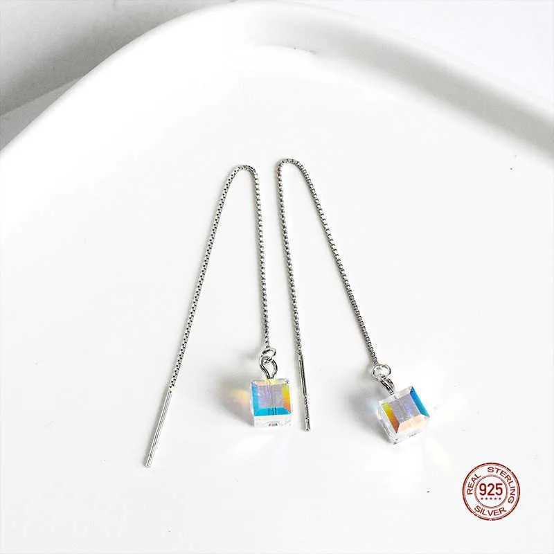 Charme LKO Réel 925 Sterling Argent Simple Mignon Cube Cristal Boucles D'oreilles Pour Femme Longue Gland Oreille Goujons Pour Filles Bijoux Cadeaux Dangle Z0323