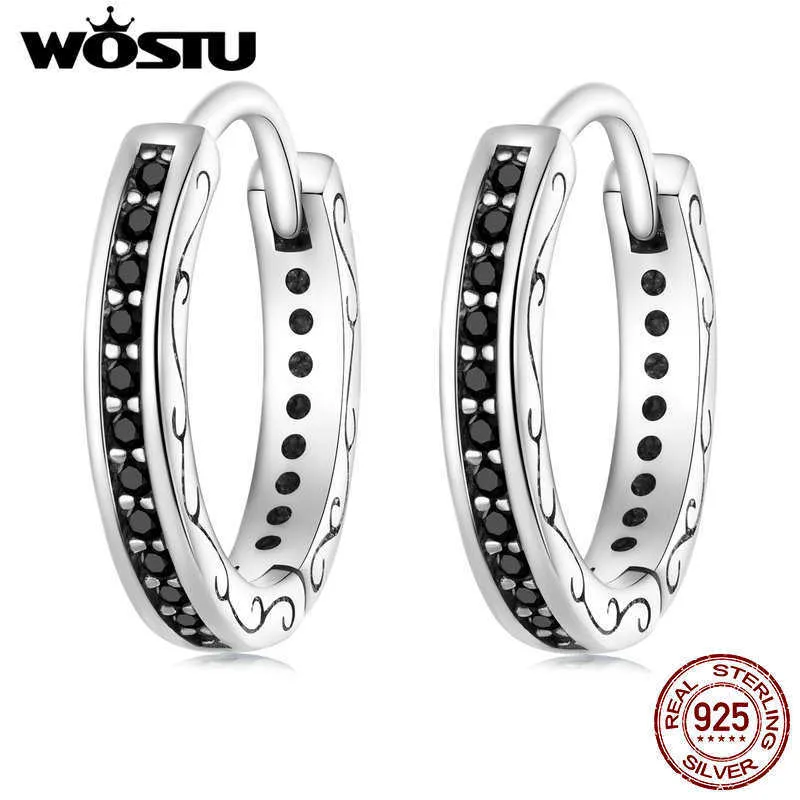 Charme WOSTU 925 Sterling Silver Classical Round Balck Cz Hoop Boucles D'oreilles Pour Les Femmes De Mariage Dangle Drop Boucle D'oreille Clips Parti Bijoux Cadeau Z0323