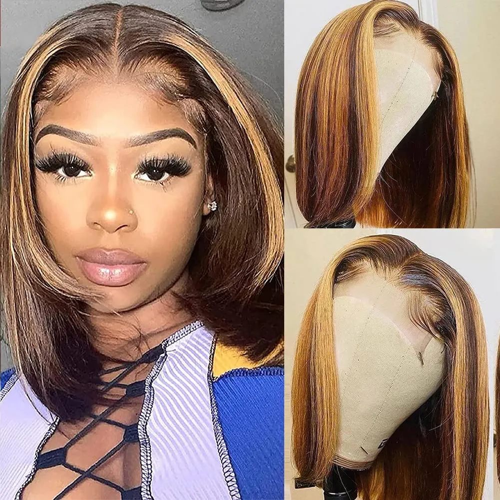 Brazilian Bob Highlight Wigs 4/27 Colored Straight Lace short Human Hair Wigs For Black Women Synthetic Lace Front Wig