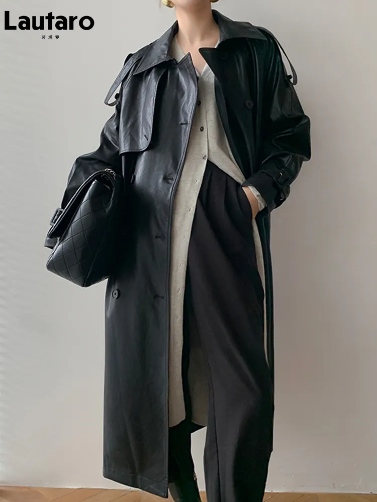 Giacche da donna Lautaro Autumn Autunno Long Overszed Black Fucice Trench per le donne Raglan Sleeve a doppio seno marrone coreano Fashion coreano 230324