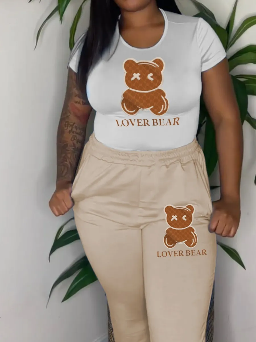 Kvinnors plusstorlek byxor LW Summer 2st Set Lover Bear Letter Print Set Casual Round Neck Women's Short Sleeve Pants 230324