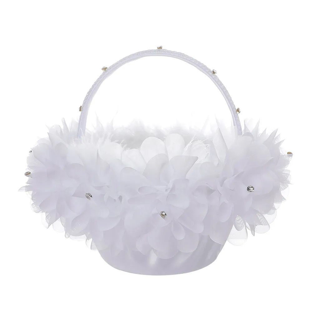 White Lace Girl Basket Elegant Satin Rose Round Wedding Favors Decoration L5726